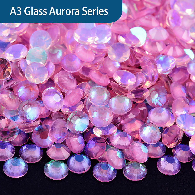 OLEEYA Aurora Glass Flat Back Rhinestones with Silver Bottom, Round Non Hotfix Rhinestones Nail Gems Stones