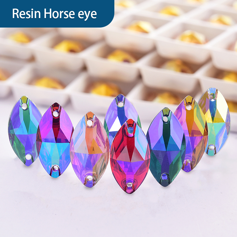 OLEEYA Mixed Color Horse Eye Sew On Rhinestone Resin Flatback Sew On Crystal Navette Sewing Stone With 2 Holes for DIY Decoration