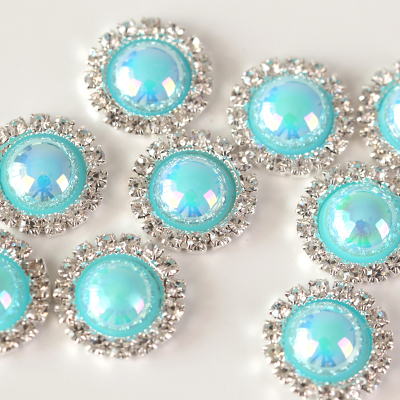 Aquamarine AB Pearl Crystal Silver Bases Buttons for DIY Jewelry